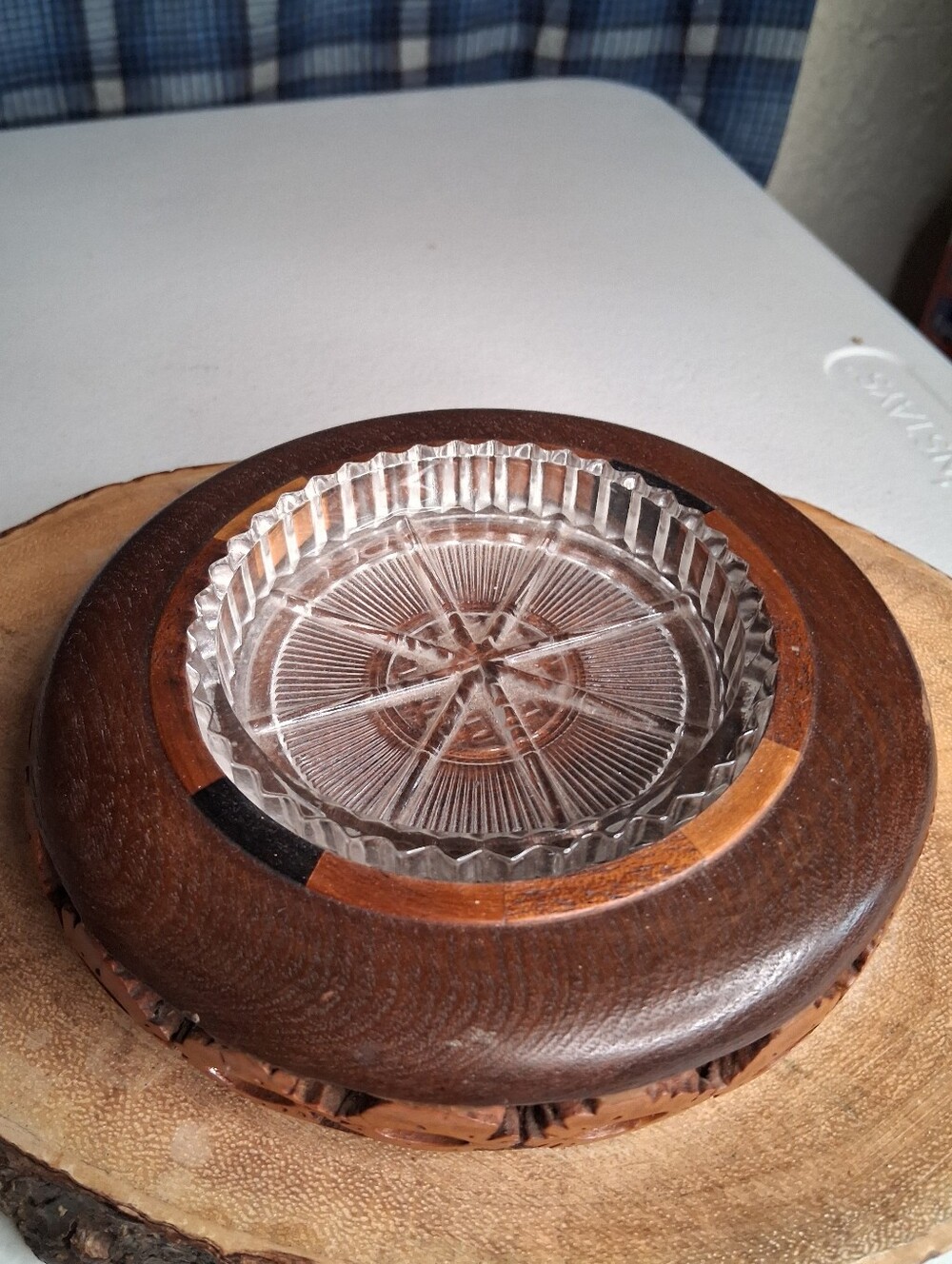 Wood Base Glass Insert Decorative Trinket Dish Coaster Catch All - Brown & Clear